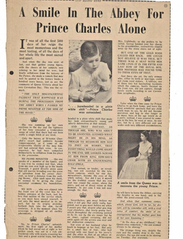 June 2 1953 Newspaper Clipping Coronation Queen Elizabeth Prince Charles Alone