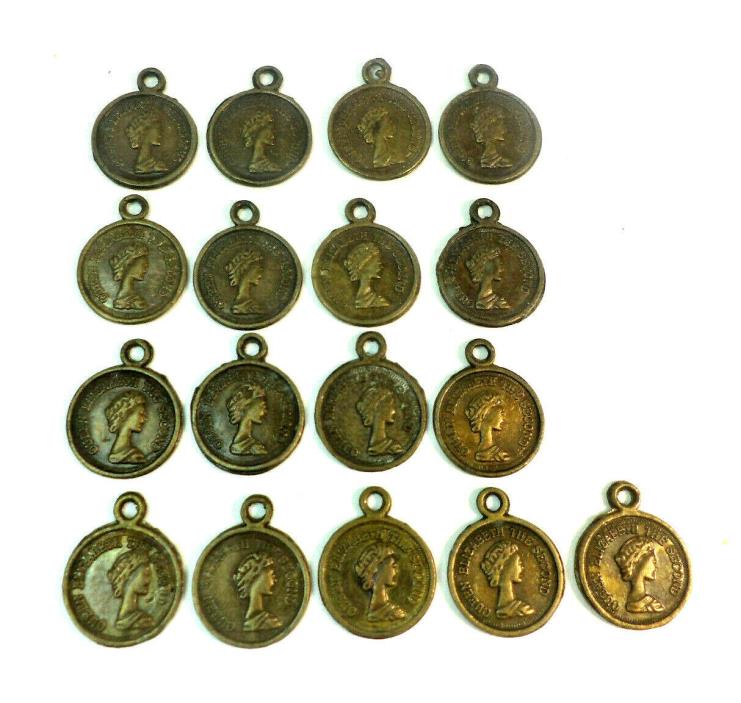 Vtg Queen Elizabeth The Second Small Coin Design Charm Set of 17