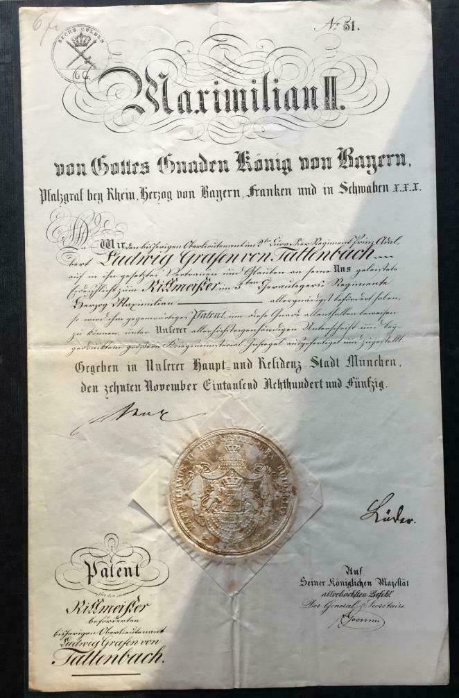 King Maximilian Joseph II Signed Royal Military Commission Appointment Document