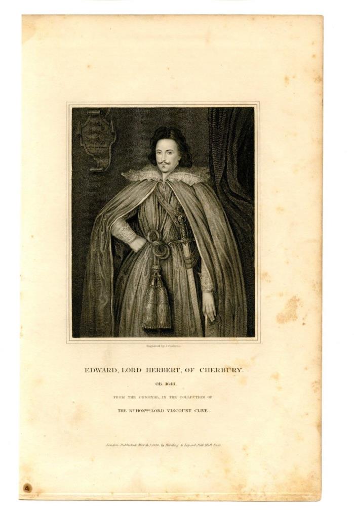 EDWARD, LORD HERBERT, OF CHERBURY, English Parliament Member, Engraving 1828