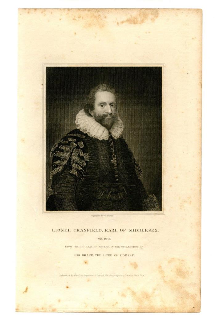 LIONEL CRANFIELD, EARL OF MIDDLESEX, English Parliament Member, Engraving 1824