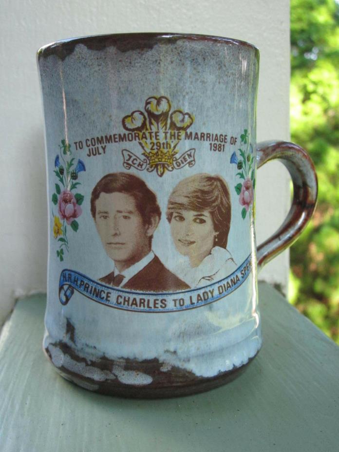 EWENNY WALES STUDIO POTTERY CUP CHARLES and DIANA ROYAL WEDDING 1981 DRIP GLAZE