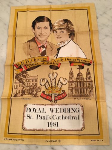 Vintage Linen Towel Royal Wedding Princess Diana Prince/Charles 1981 Man Cave