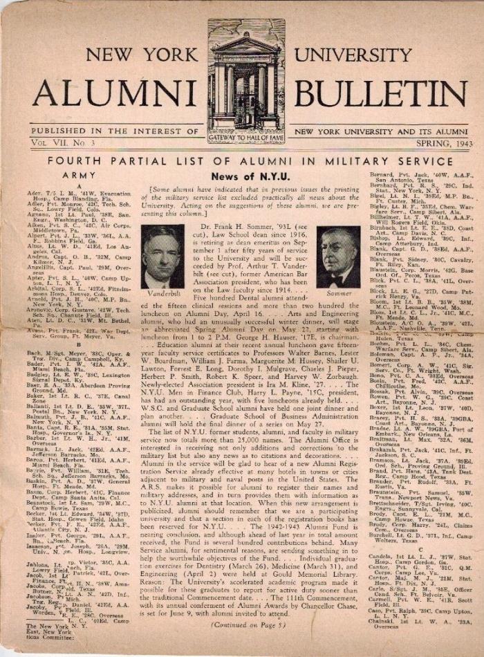 1943 NYU New York University Alumni Bulletin, World War II Military Soldiers Men