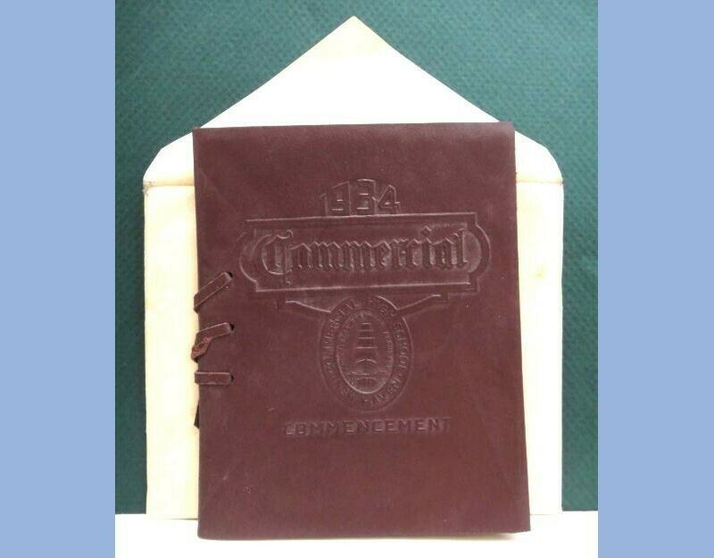 1934 vintage LEATHER NEW HAVEN COMMERCIAL HIGH SCHOOL COMMENCEMENT  SCHATZMAN ct
