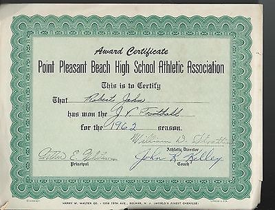 1962 Point Pleasant Beach High School NJ JV FOOTBALL Athletic Award Certificate