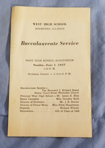 Vintage 1947 Rockford Illinois West High School Baccalaureate Service Program