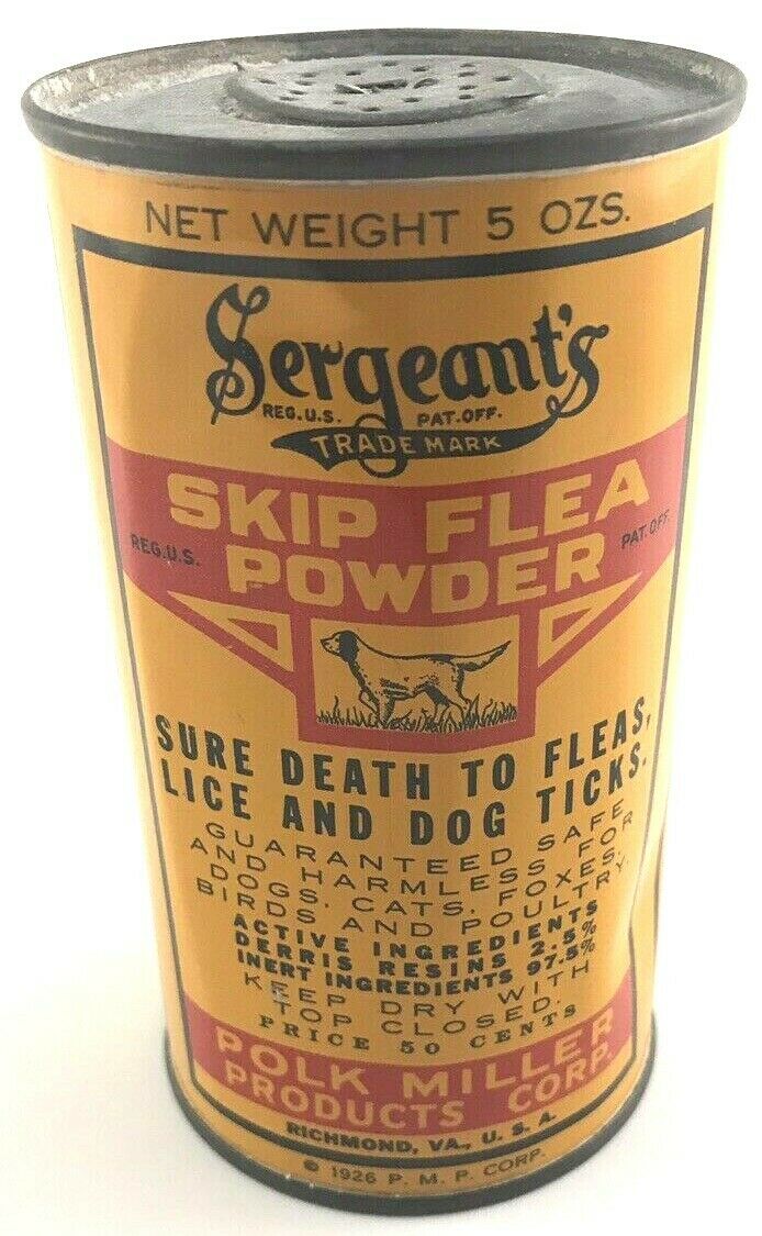 Vintage Sergeants 1926 Skip Flea Powder 5oz Metal Can Dog Flea Power Richmond VA