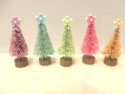 5 MINI Easter Bottle Brush Trees Dollhouse Miniatures Flower Tiny