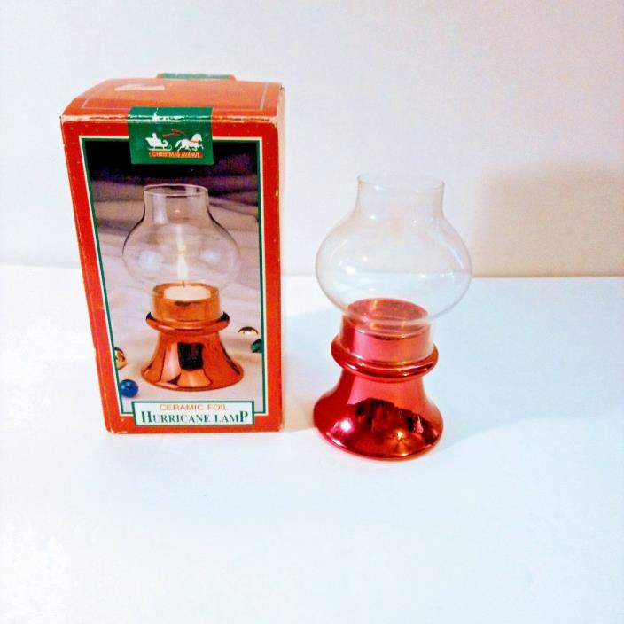 CHRISTMAS AVENUE RED CERAMIC FOIL HURRICANE LAMP CANDLE HOLDER NEW IN BOX