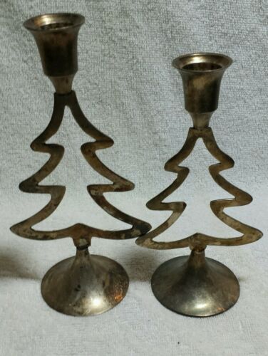 2 International Silver Co Silver Plated Christmas Tree Taper Candlestick Holder