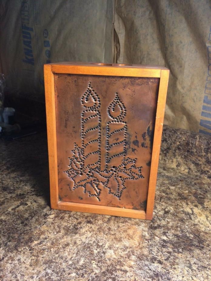 Vintage Wooden Box with Copper Front Luminary Candle Holder
