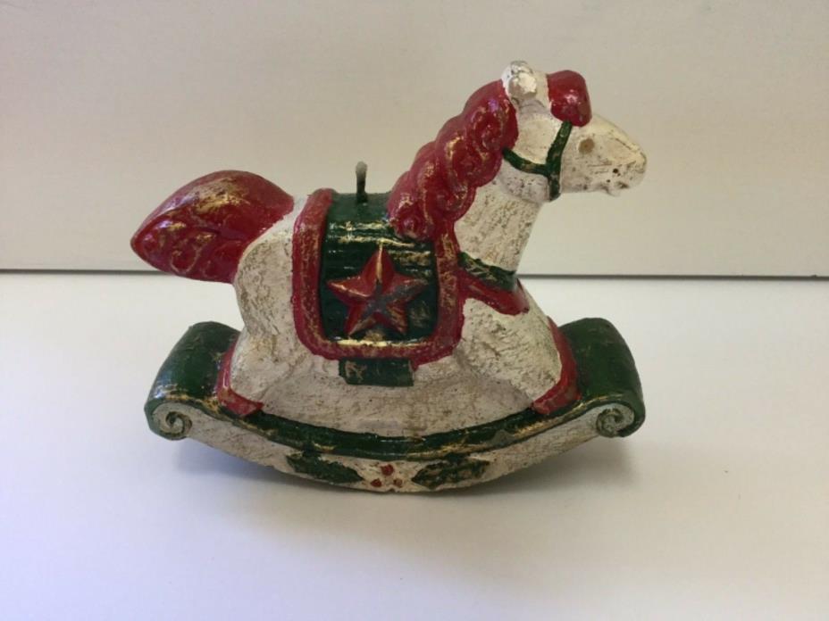 Christmas Holiday Rocking Horse Candle Red, Green, off White 4.75” Tall, Unused