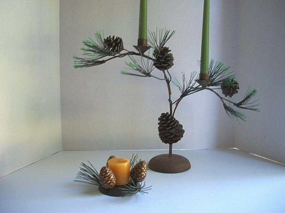 METAL PINE BRANCH TAPER CANDLE HOLDER WITH PINE CONES & VOTIVE CANDLE HOLDER
