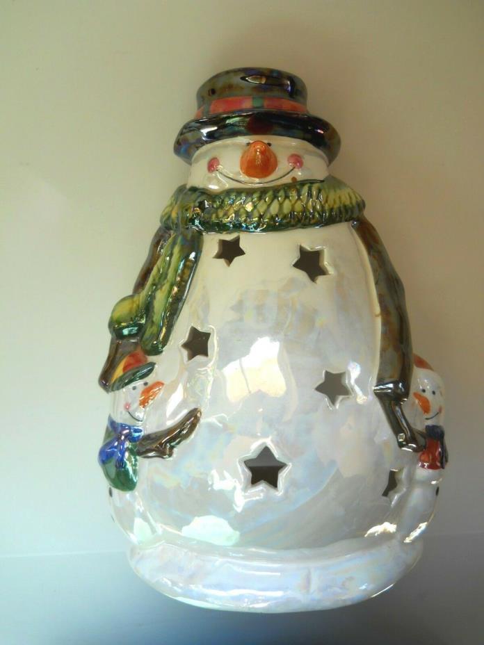 Ceramic Snowman w/2 Little Snowmen  Stars Iridescent Tealight Candle Holder 8