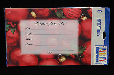 8 Pack Christmas Holiday Party Invitation Cards w/ Envelopes Red Tree Ornaments