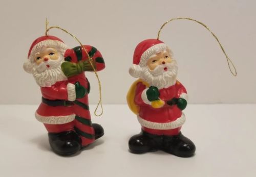 Set Of Two Santa Ornaments Candy Cane And Sack Of Toys W/ Strings Christmas