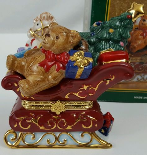 Traditions Porcelain Hinged Decorative Box Christmas Teddy Bear in Sled w Toys