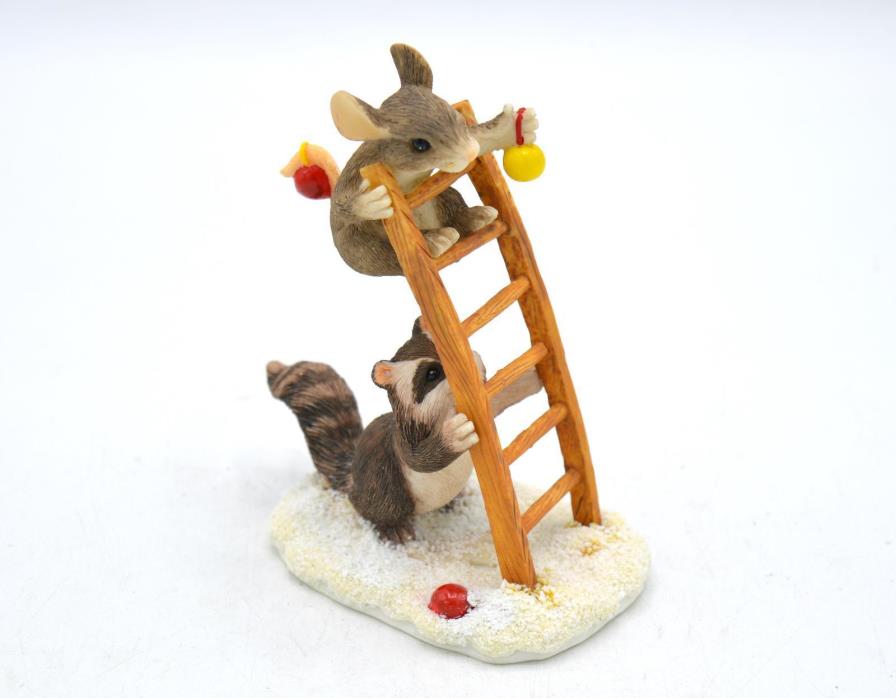 Charming Tails Handcrafted Raccoon & Mouse on Ladder Figurine