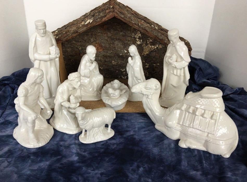 High Gloss White Ceramic 10-Pc Nativity Set New