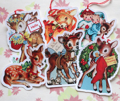 6 Gift Tags for Christmas ~ Deer~Paper Ornaments~ Vintage Card Images