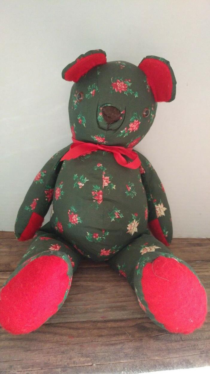 Handmade Christmas Cloth Bear Stuffed Poinsettia Victorian Red Green Calico 18