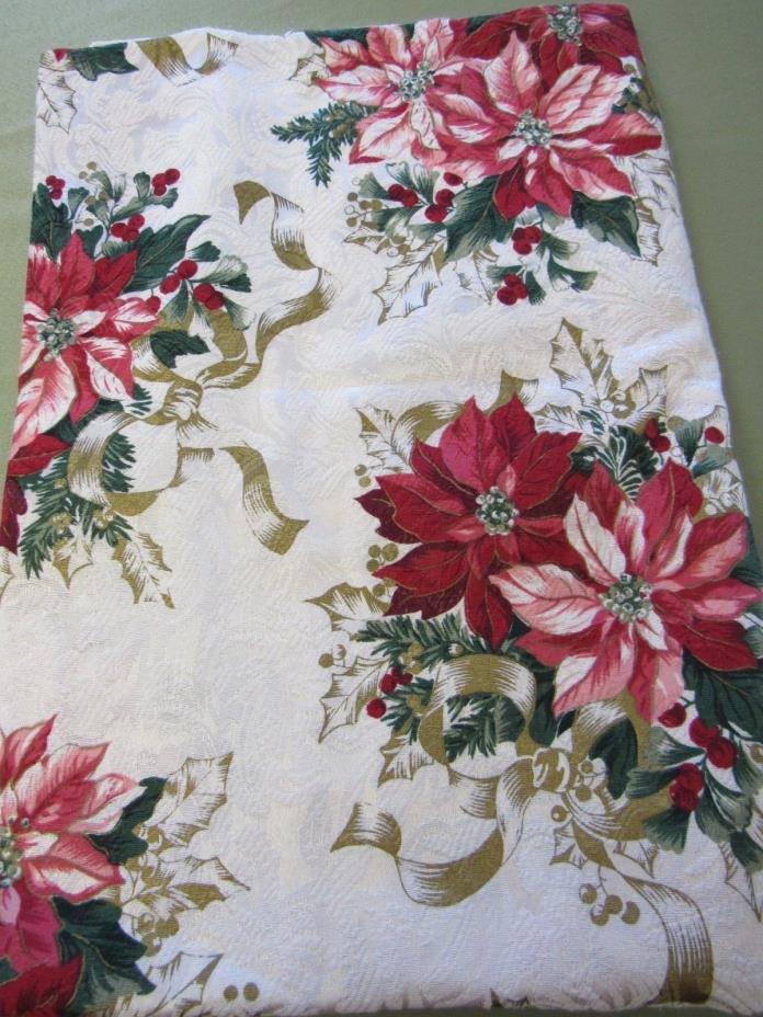 Vintage Christmas Tablecloth POINSETTIA Evergreens Holly Berries Design 59x82