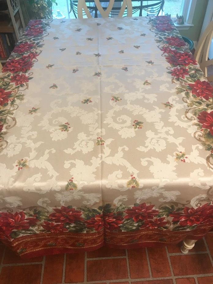 Christmas Elegant Tablecloth. Poinsettias outer edge with Ivory middle
