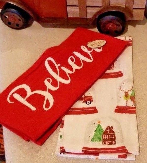 NEW! CHRISTMAS BELIEVE AND RUSTIC RED PICKUP TRUCK KITCHEN TOWEL SET ~ PAIRS W/R