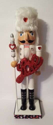 Valentine's Day Guard Soldier Nutcracker White Red Glitter Love Hearts Fur Hat