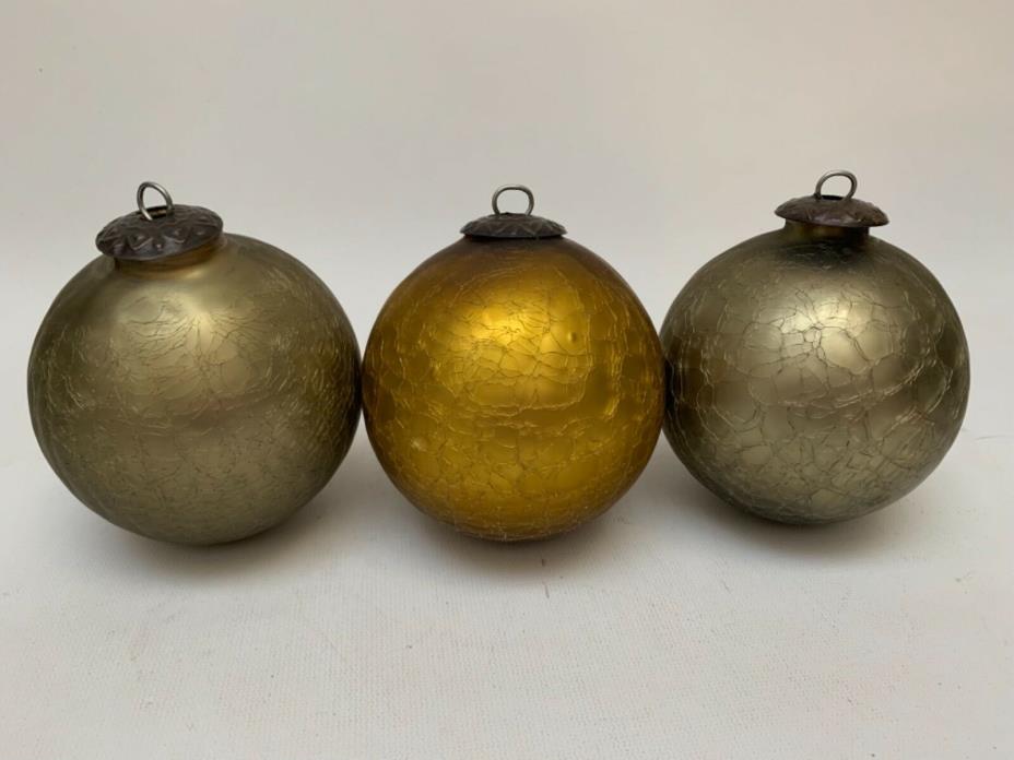 Set/3 Heavy Glass Kugel Christmas Ornaments Round Ball Crackle Gold Taupe