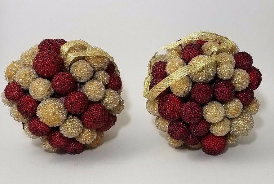 Rustic Country Red & Gold Berry Ball Christmas Tree Ornaments Lot of 2