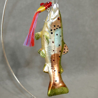 Christmas Ornament Glass Z FISH Bass ? w/ Hook & Tackle Large Long 6