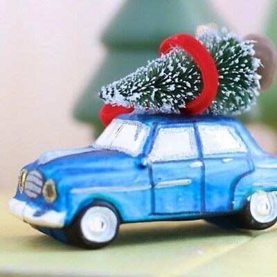 West Elm BLUE CAR WITH CHRISTMAS TREE Glass Christmas Ornament NEW
