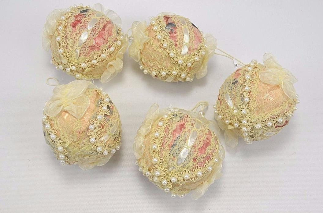 Lot of 5 Cloth Covered Glass Beaded Ribbon Embellished Christmas Tree Ornament