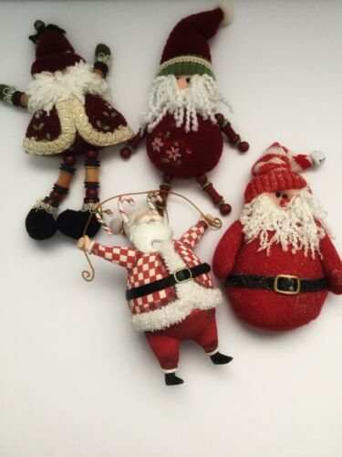 Christmas Ornaments Santa Country Velour Fabric Resin Hanging Lot of 4