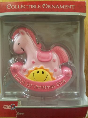 NIB GIFT TO GIVE 2016 BABY GIRL FIRST CHRISTMAS PINK ROCKING HORSE SUN ORNAMENT