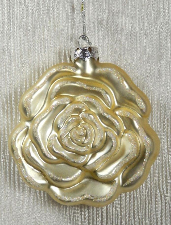 Vintage Glass CHRISTMAS ORNAMENT - SOFT GOLD FLOWER w GLITTER TRIM