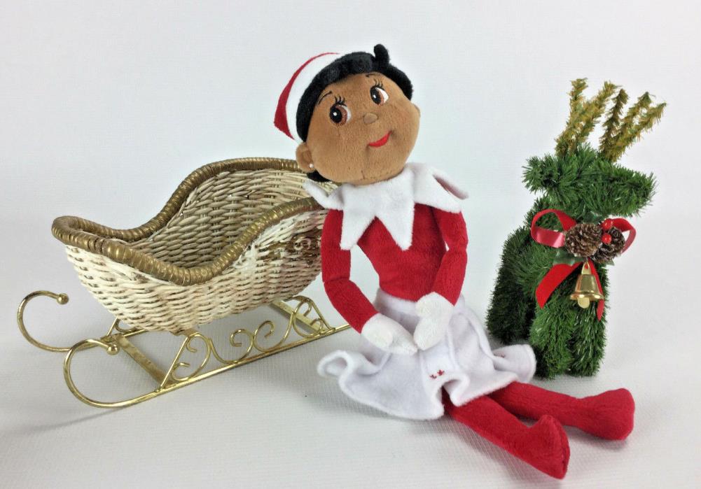 Plush Elf in Wicker Sleigh with Garland Reindeer Holiday Decor Bundle