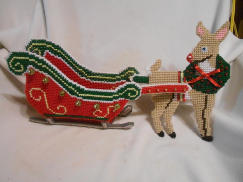 hand crafted needlecraft canvas Christmas Holiday sleigh with reindeerand bells