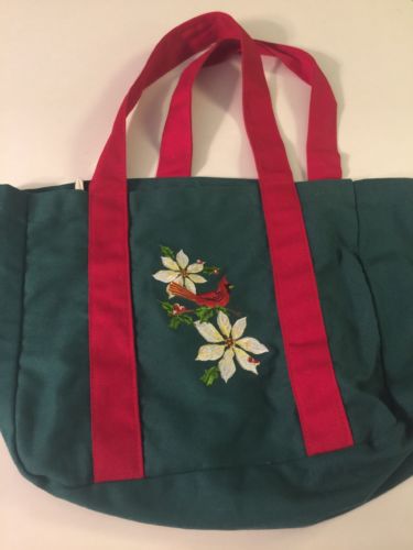 Red Cardinal White Poinsettia Holly & Berries Embroidered Canvas Tote Bag EUC