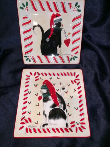 2 SAKURA Fiddlestix Candy Cane Cat Plates - Christmas Collectible
