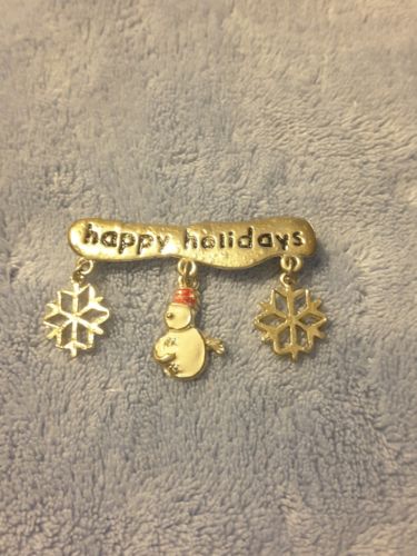 COSTUME JEWELRY, HAPPY HOLIDAYS PIN, BROOCH, SNOWMAN, SNOWFLAKE