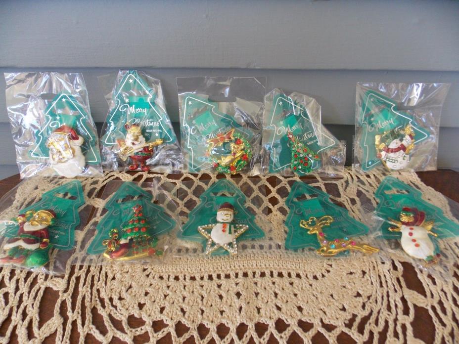 Lot of 10 Christmas Brooches Made in China: Santa, Snowman, Tree, Reindeer