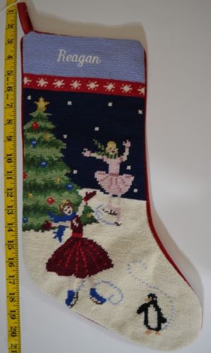 LANDS END Ice Skaters Needlepoint Christmas Stocking Monogrammed REAGAN NEW