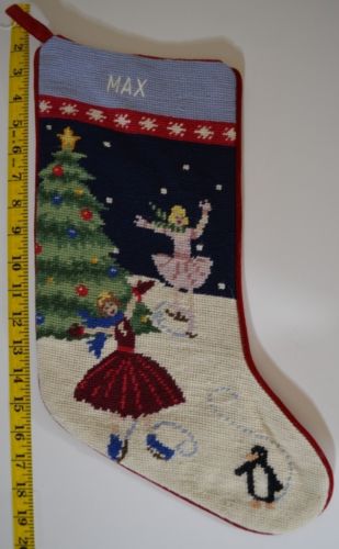 LANDS END Ice Skaters Needlepoint Christmas Stocking Monogrammed MAX NEW