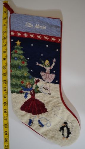 LANDS END Ice Skaters Needlepoint Christmas Stocking Monogrammed ELLA MARIE NEW