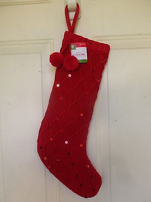 FABULOUS RED CABLE KNITTED DESIGN WITH SEQUINS&2 POM-POMS CHRISTMAS STOCKING NWT