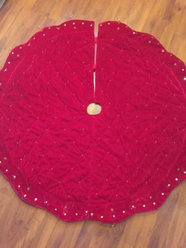 Unknown Brand Christmas Tree Skirt Red Velvet Like Beaded Sequin Bells 48” Wide