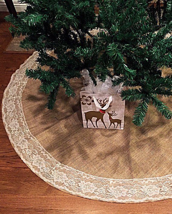 60 inch Christmas Tree Skirt Burlap with Ivory Lace
